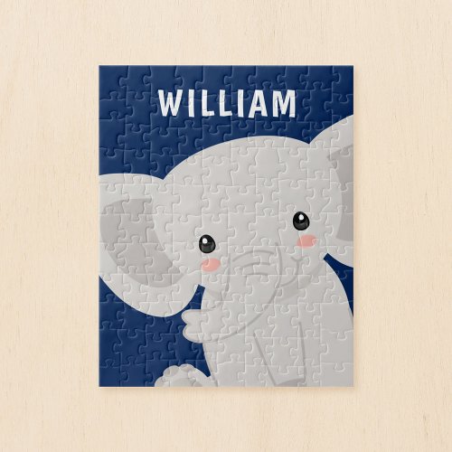 Boy Elephant Navy Blue Personalized Kids Jigsaw Puzzle