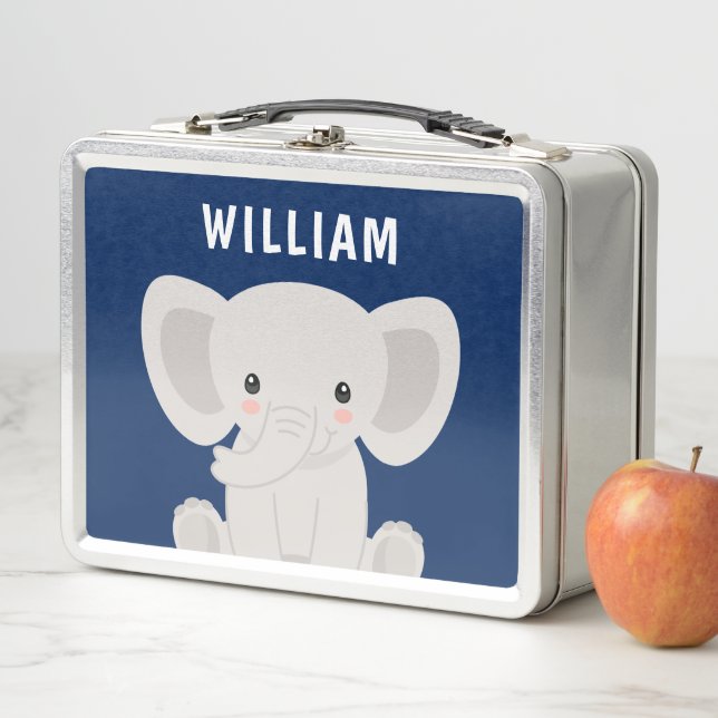 Boy Elephant Navy Blue Personalized Kids Metal Lunch Box (In Situ)