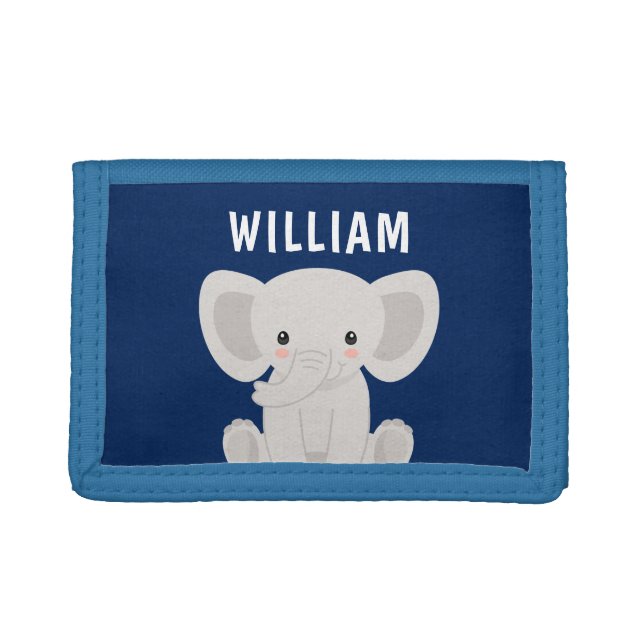 Boy Elephant Navy Blue Personalized Kids Trifold Wallet (Front)
