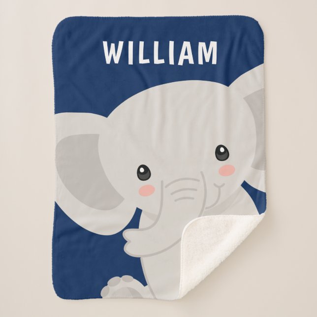Boy Elephant Navy Blue Personalized Sherpa Blanket (Front)