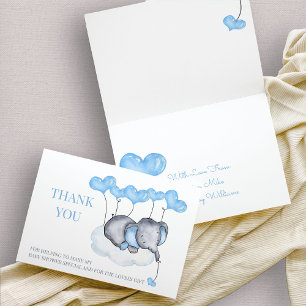 Boy Elephant on Cloud Blue Balloon Baby Shower Letterpress Thank You Card