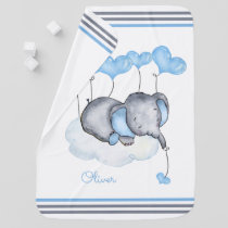 Boy Elephant on Cloud with Blue Hearts Baby Blanket