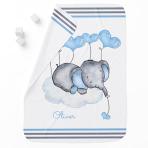 Boy Elephant on Cloud with Blue Hearts Baby Blanket