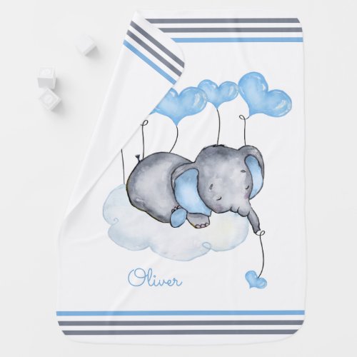 Boy Elephant on Cloud with Blue Hearts Baby Blanket