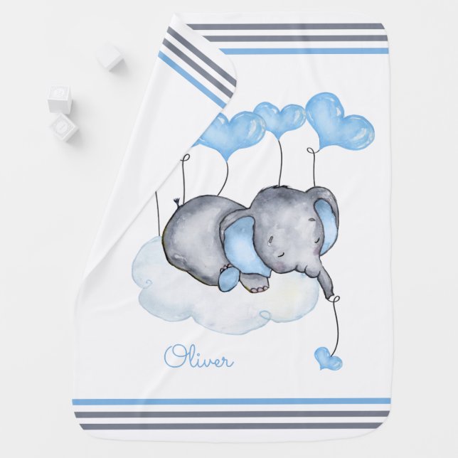 Boy Elephant on Cloud with Blue Hearts Baby Blanket (In Situ)
