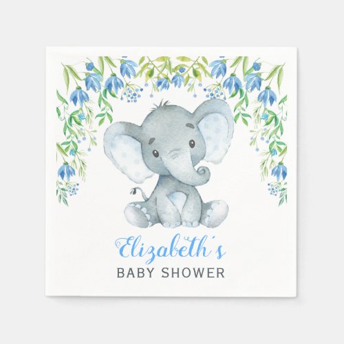 Boy Elephant Paper Napkin Blue Floral Baby Shower