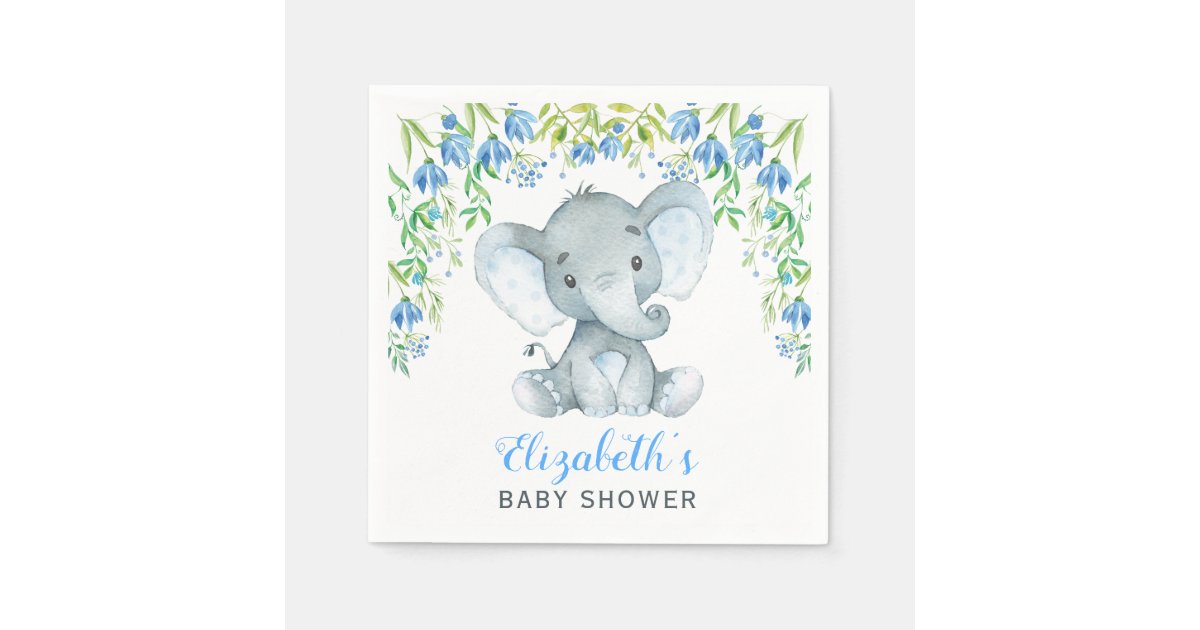 Boy Elephant Paper Napkin Blue Floral Baby Shower Zazzle Com