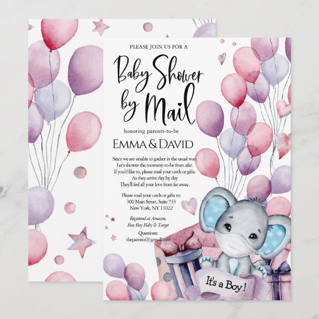 Boy Elephant Pink Balloons Baby Shower by Mail Invitation (Front/Back)