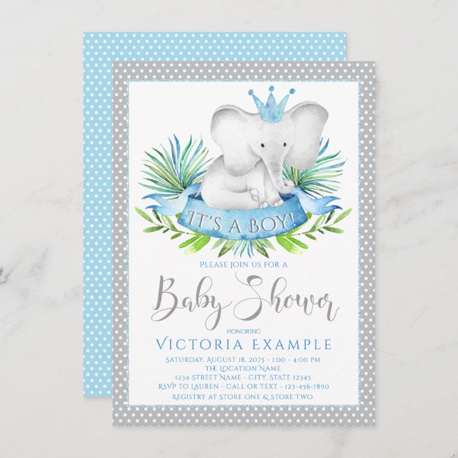 Boy Elephant Prince Baby Shower Invitations (Front/Back)