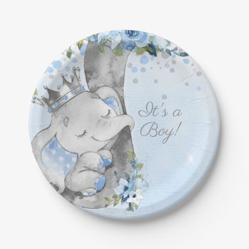 Boy Elephant Prince Baby Shower Paper Plate