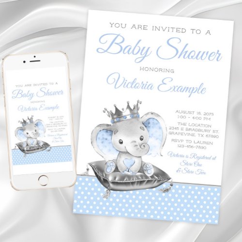 Boy Elephant Prince Elephant Baby Shower Invitation