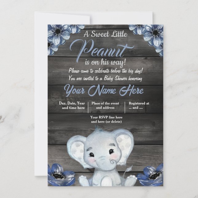 Boy Elephant Rustic Baby Shower Invitation Floral (Front)