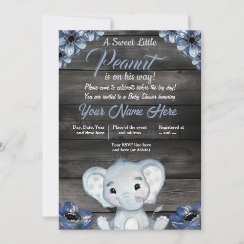 Boy Elephant Rustic Baby Shower Invitation Floral