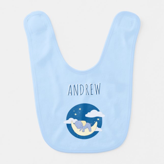 Boy Elephant Sleeping Moon Celestial Kids Name Baby Bib (Front)