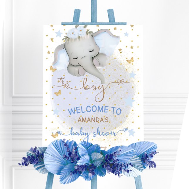 Boy Elephant Soft Blue Gold Baby Shower welcome Foam Board (Creator Uploaded)