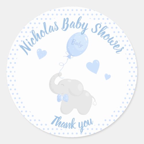 Boy Elephant Thank you Blue Baby Shower Favor Classic Round Sticker