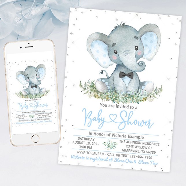 Boy Elephant Tie Glitter Baby Shower Invitation