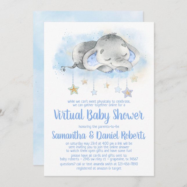Boy Elephant Virtual Baby Shower Invitation (Front/Back)