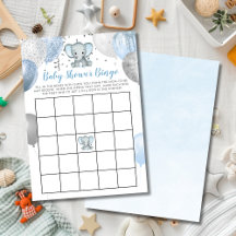 Boy Elephant Watercolor Baby Shower Bingo Card