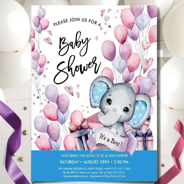 Boy Elephant Watercolor Blue Balloons Baby Shower Invitation (Creator Uploaded)