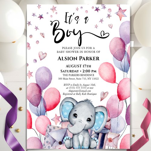 Boy Elephant Watercolor Blue Balloons Baby Shower Invitation