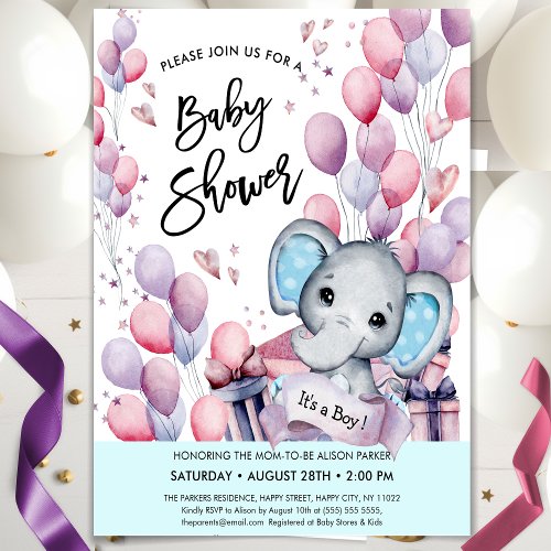 Boy Elephant Watercolor Blue Balloons Baby Shower Invitation