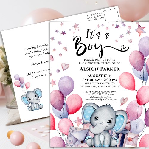 Boy Elephant Watercolor Blue Balloons Baby Shower Invitation Postcard