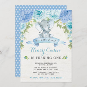 Boy Elephant Watercolor Blue Roses 1st Birthday Invitation