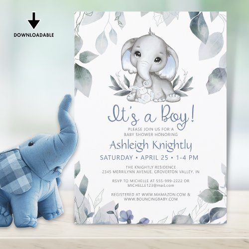 Boy Elephant Watercolor Greenery Baby Shower Invitation