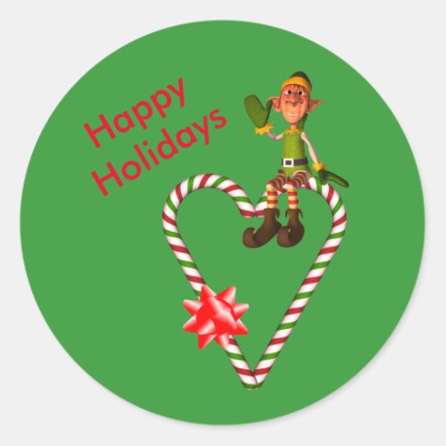 Boy Elf Candy Cane Heart Christmas Holiday  Classic Round Sticker