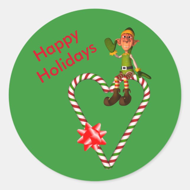 Boy Elf Candy Cane Heart Christmas Holiday  Classic Round Sticker (Front)