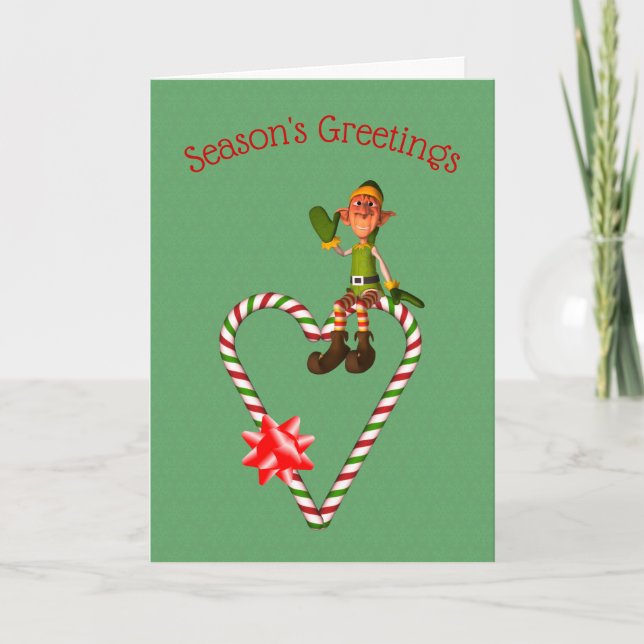 Boy Elf Candy Cane Heart Holiday Christmas Card (Front)
