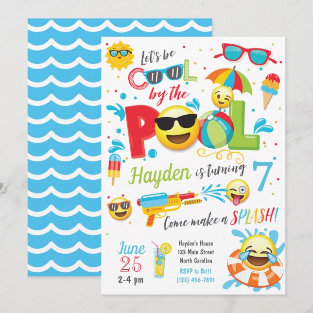 Boy Emoji Pool Party Invitation, Summer Birthday Invitation (Front/Back)
