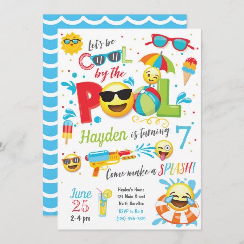 Boy Emoji Pool Party Invitation Summer Birthday Invitation