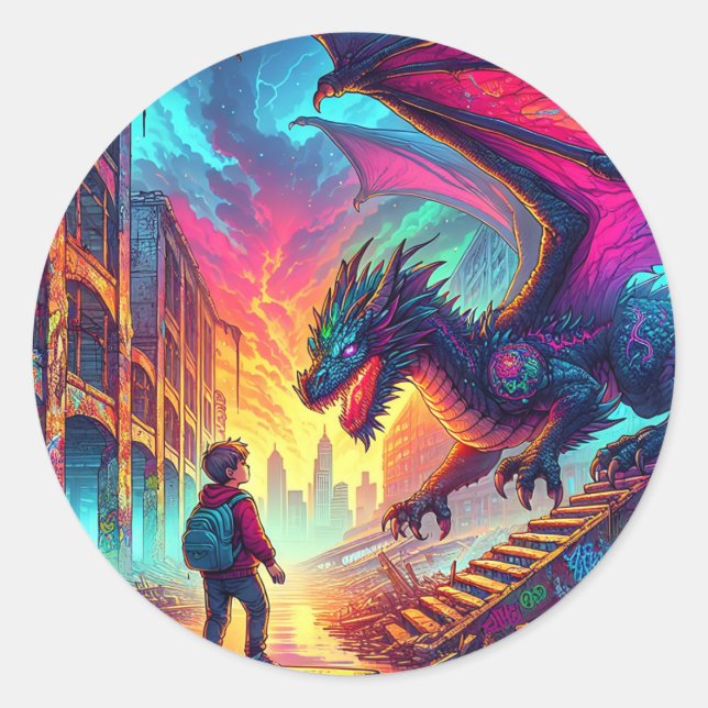 Boy Encounters a Dragon in a Dystopian World Classic Round Sticker (Front)