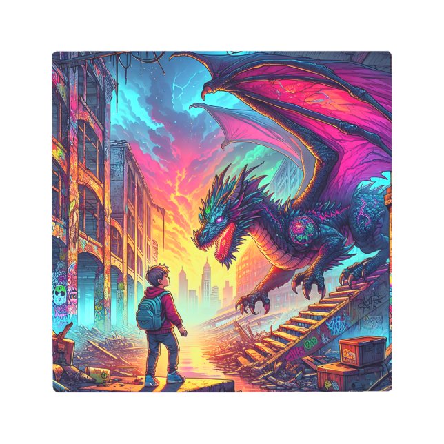 Boy Encounters a Dragon in a Dystopian World Metal Print (Front)