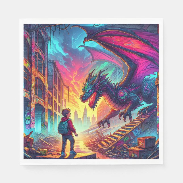 Boy Encounters a Dragon in a Dystopian World Napkins (Front)