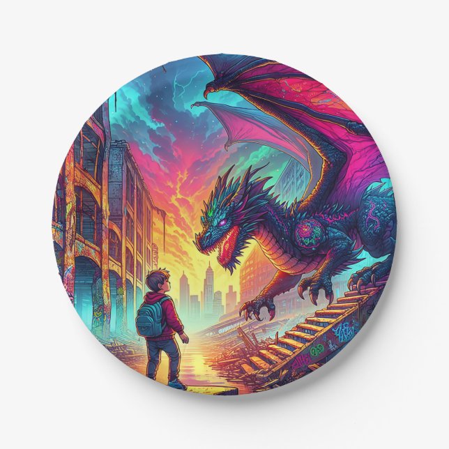 Boy Encounters a Dragon in a Dystopian World Paper Plates (Front)