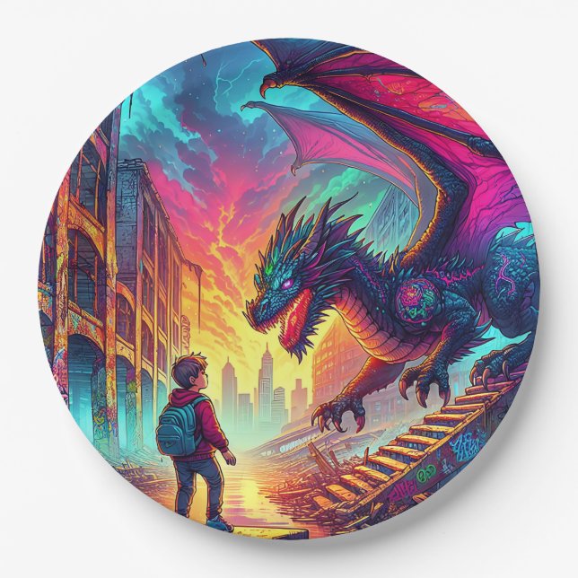 Boy Encounters a Dragon in a Dystopian World Paper Plates (Front)