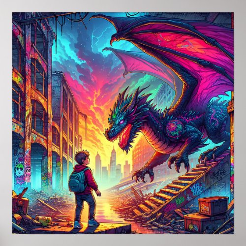 Boy Encounters a Dragon in a Dystopian World Poster