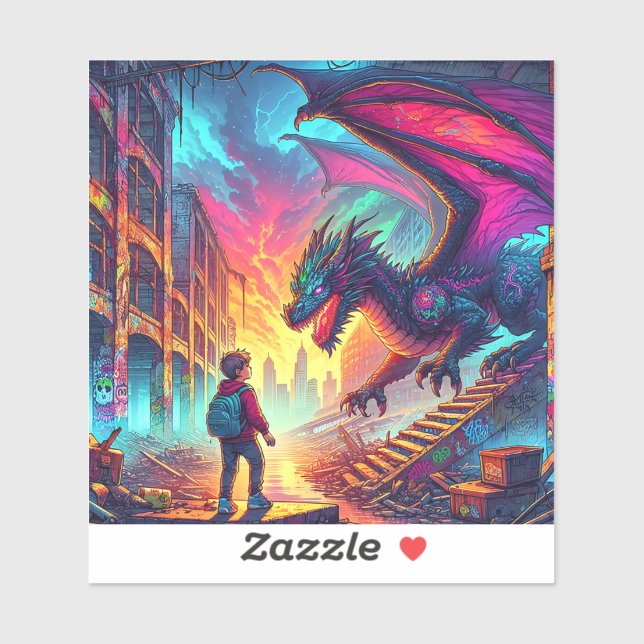 Boy Encounters a Dragon in a Dystopian World Sticker (Sheet)
