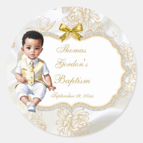 Boy Ethnic Baptism Communion White  Gold Classic Round Sticker