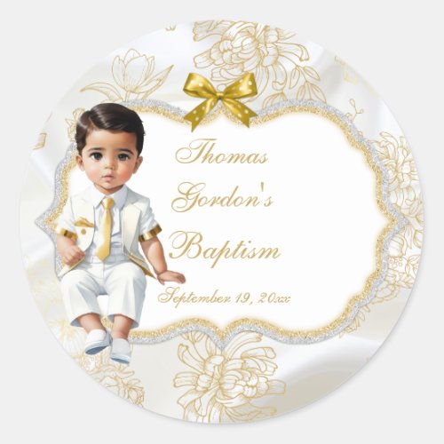 Boy Ethnic Baptism Communion White  Gold Classic Round Sticker