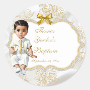 Boy Ethnic Baptism Communion White & Gold Classic Round Sticker