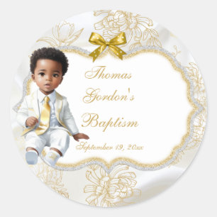 Boy Ethnic Baptism Communion White & Gold Classic Round Sticker