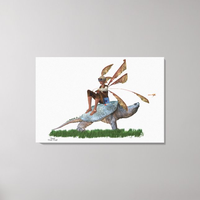 Boy Fairy Riding On Turtle Stretched Canvas Print (Front)