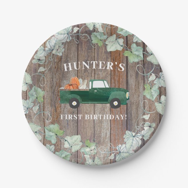 Boy Fall Birthday Green Truck and Pumpkins  Paper Plates (Front)