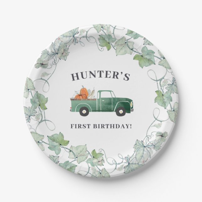 Boy Fall Birthday Green Truck and Pumpkins Party Paper Plates (Front)