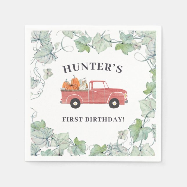 Boy Fall Birthday Red Truck and Pumpkins Napkins (Front)