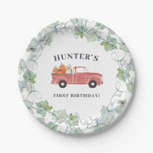 Boy Fall Birthday Red Truck and Pumpkins Paper Plates